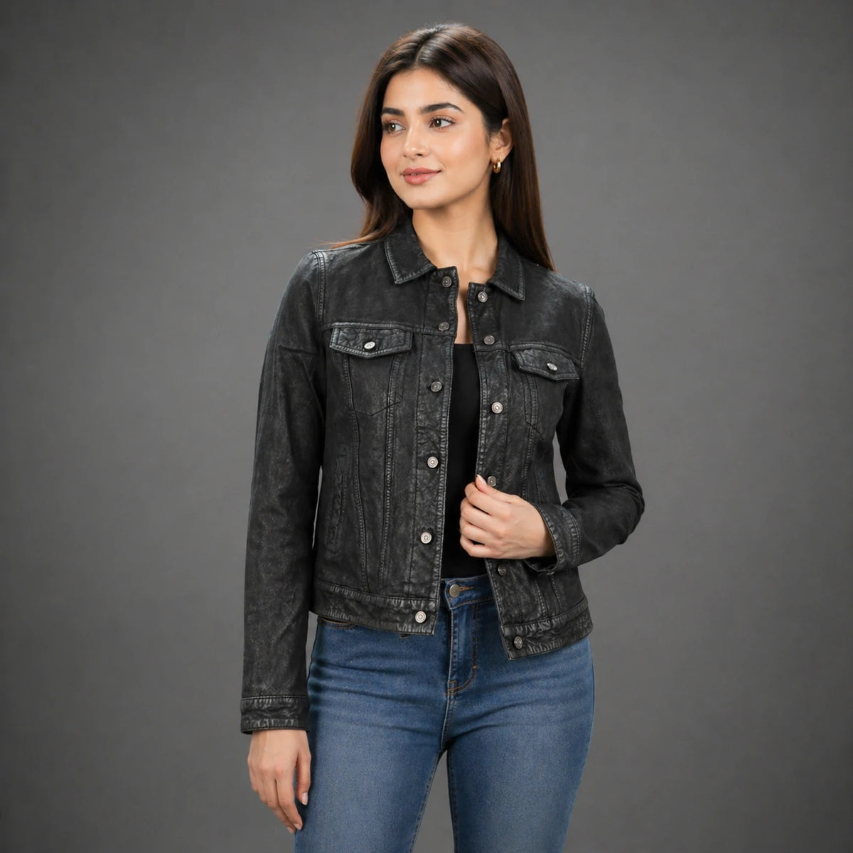 Women’s Distressed Black Denim Trucker Jacket #Desiderio #DenimJacket #WomensJacket #TruckerJacket #BlackDenim #CasualStyle #FashionOuterwear #StreetwearFashion