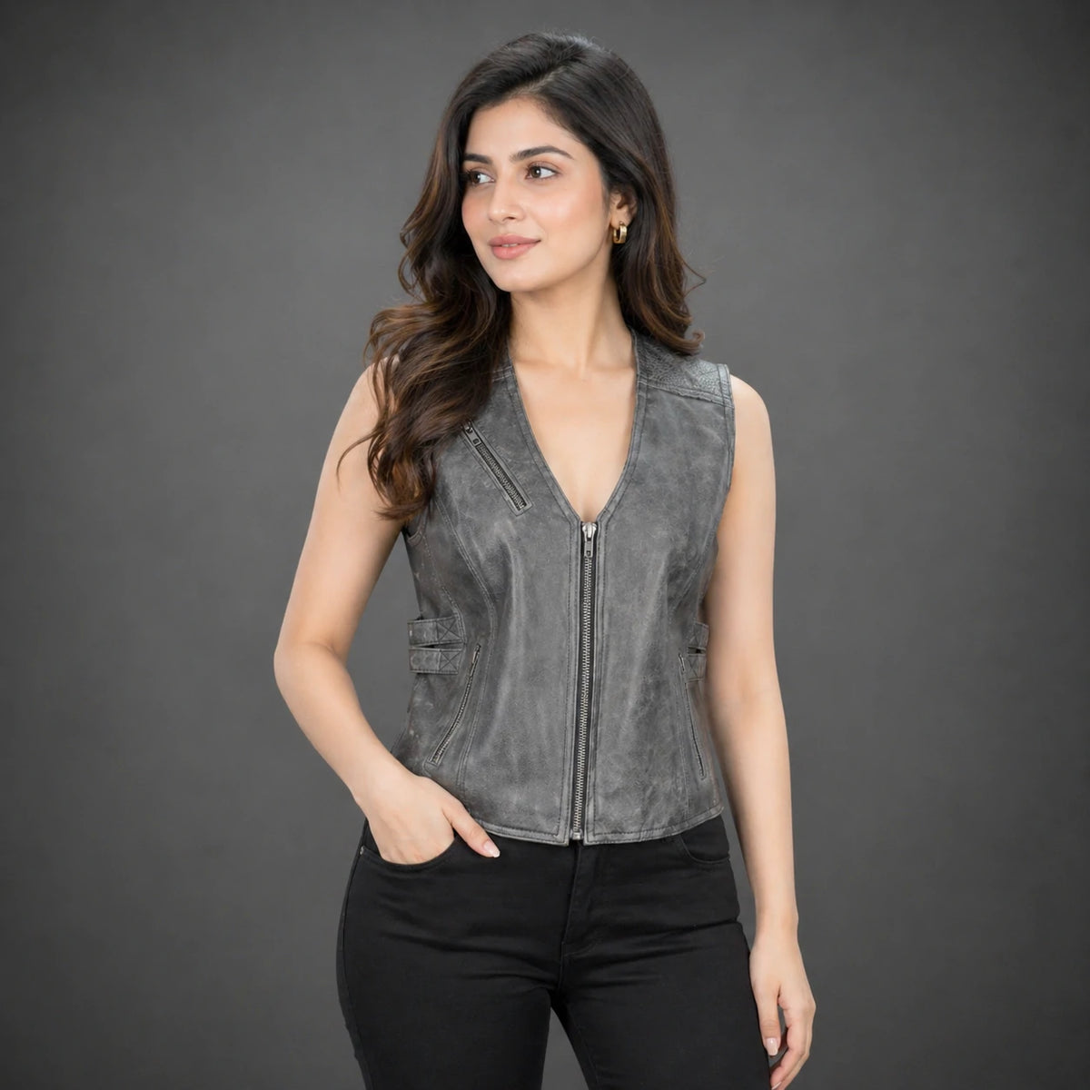 Women’s Distressed Grey Sleeveless Leather Biker Vest #Desiderio #LeatherVest #WomensBikerVest #GreyLeatherVest #GenuineLeather #BikerFashion #PremiumLeather #StylishOuterwear