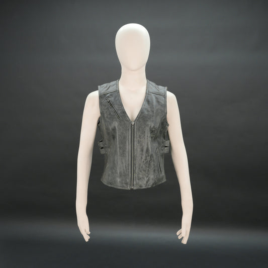 Women distressed grey leather biker vest with front zip and buckle