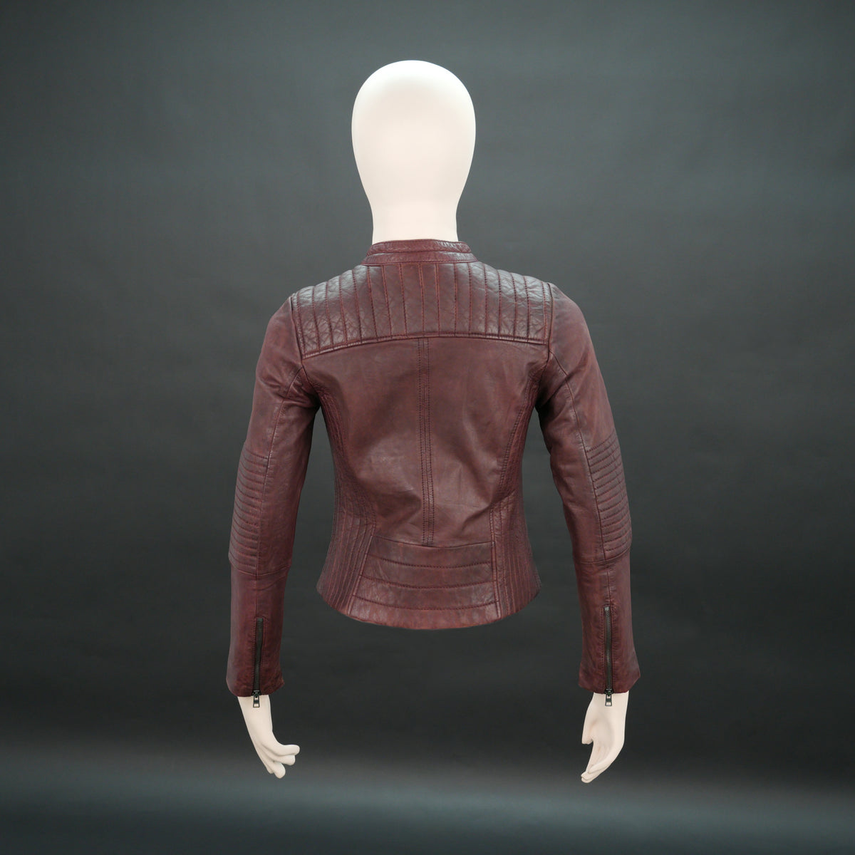 Women’s Maroon Leather Biker Jacket with Stand Collar & Quilted Shoulders #Desiderio #LeatherJacket #WomensBikerJacket #MaroonLeatherJacket #GenuineLeather #QuiltedJacket #PremiumLeather #FashionOuterwear