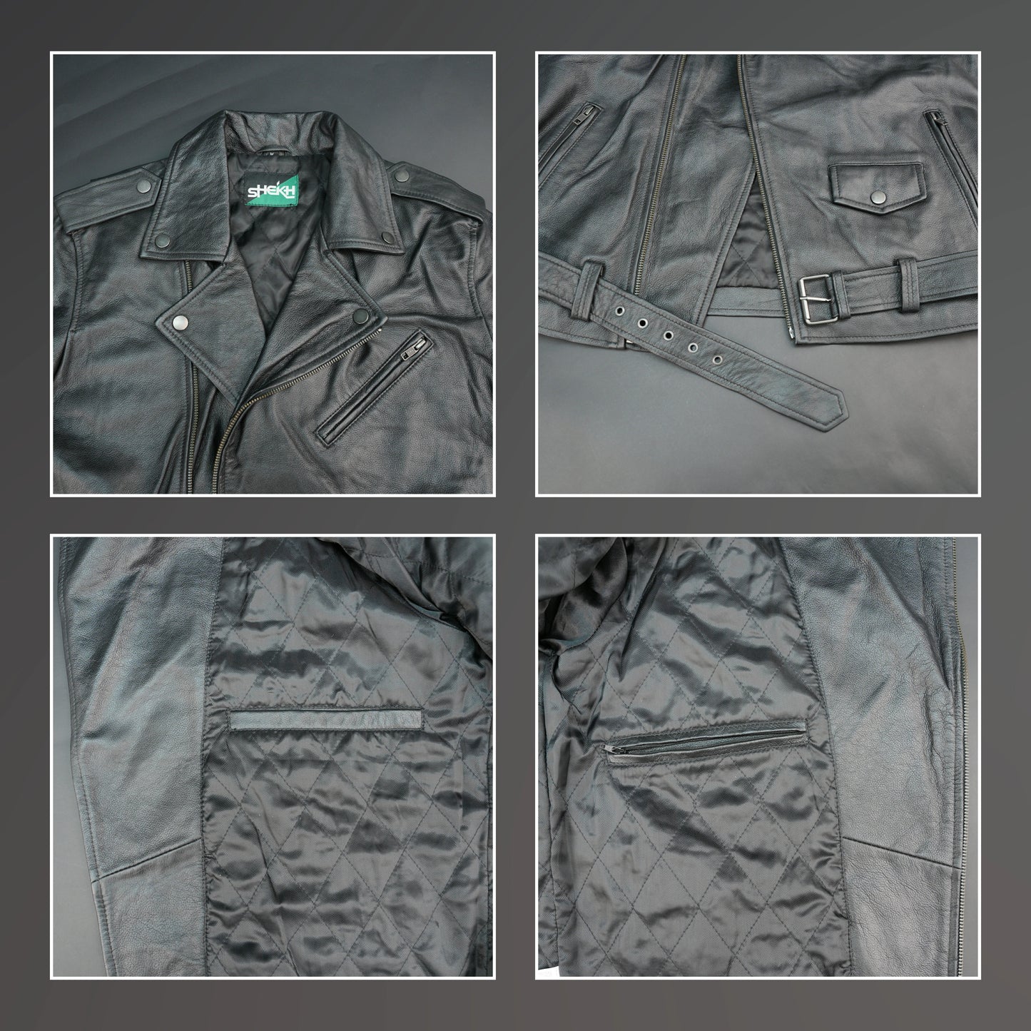 Black leather jacket with asymmetric zip, quilted details, and slim fit.
