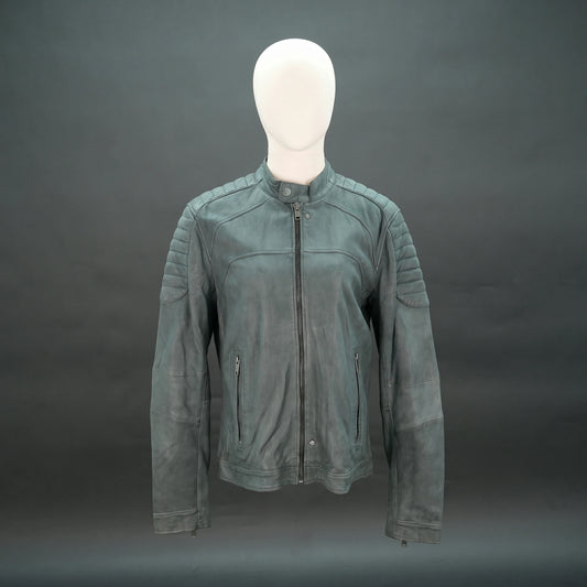 Grey leather jacket with stand collar, quilted shoulders, and slim fit.