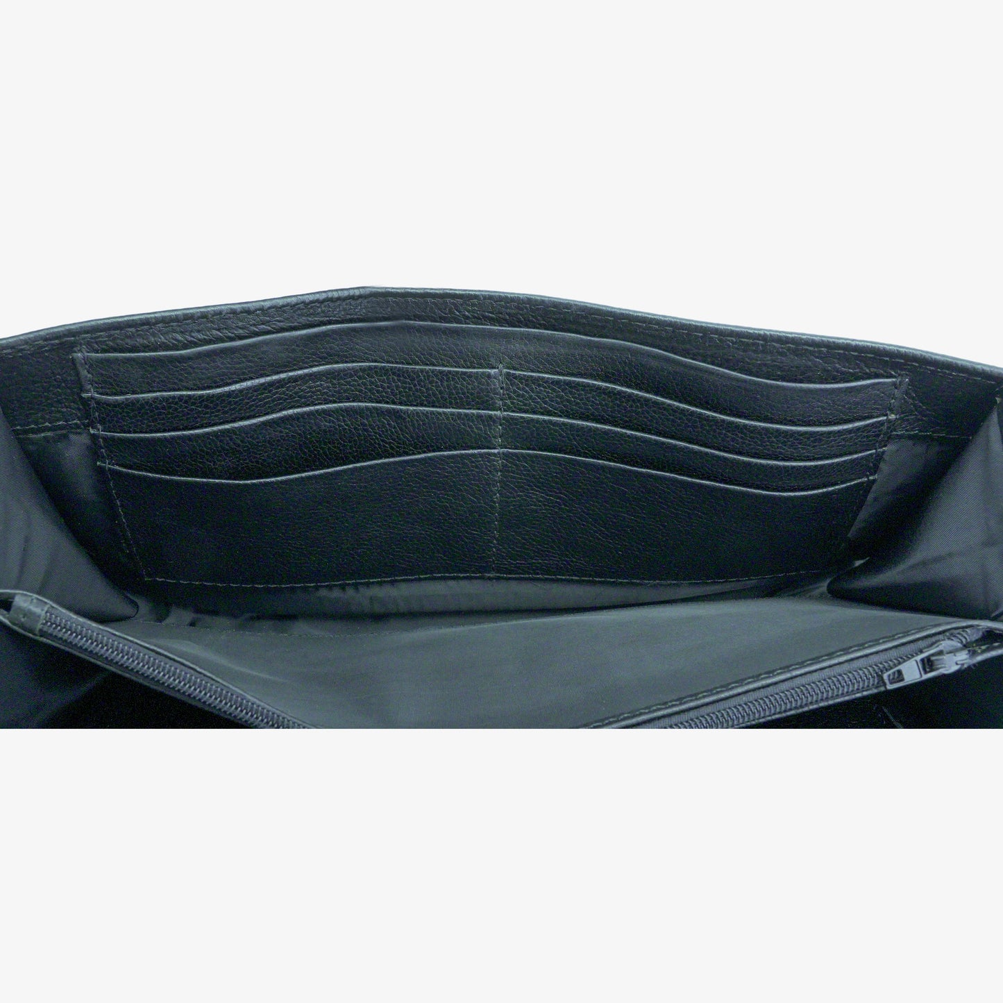 Black leather clutch with three compartments, sixteen card slots, a zip pocket, cash compartment, and key for security