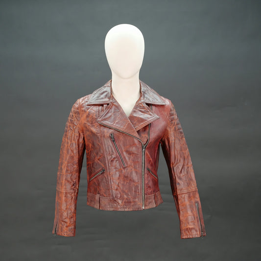 Reddish-brown distressed leather biker jacket with asymmetrical zip.