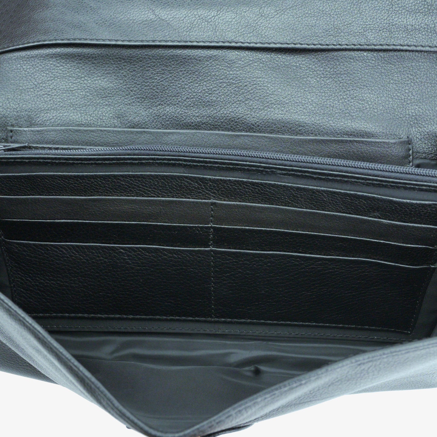 Black leather mini clutch with three compartments, sixteen card slots, and zip pocket, compact and elegant