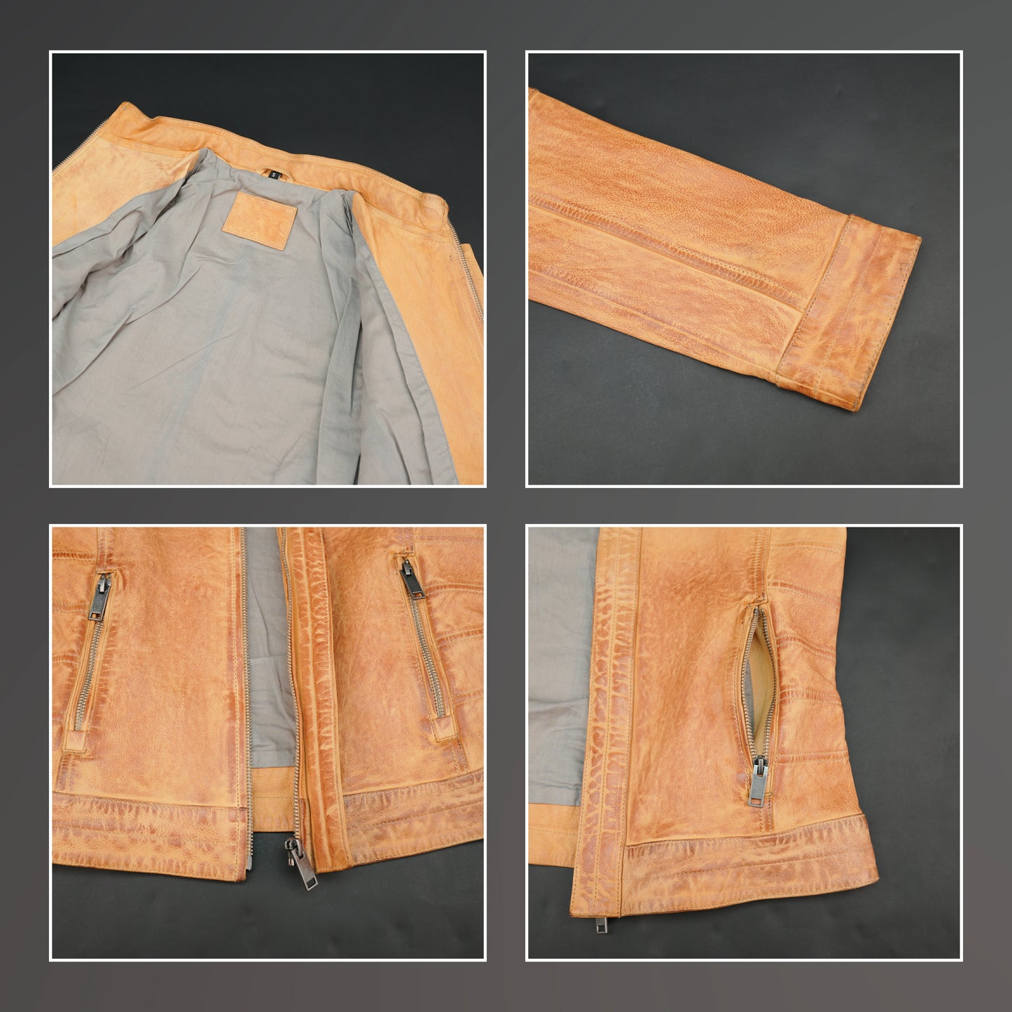 Tan distressed leather biker jacket with stand-up zip collar and quilted detailing.