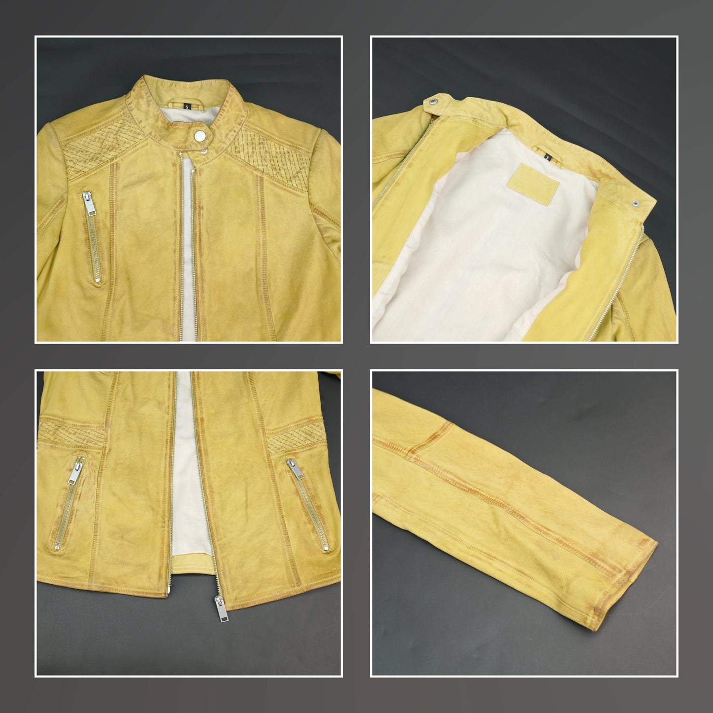 Mustard yellow leather biker jacket with asymmetrical zip.