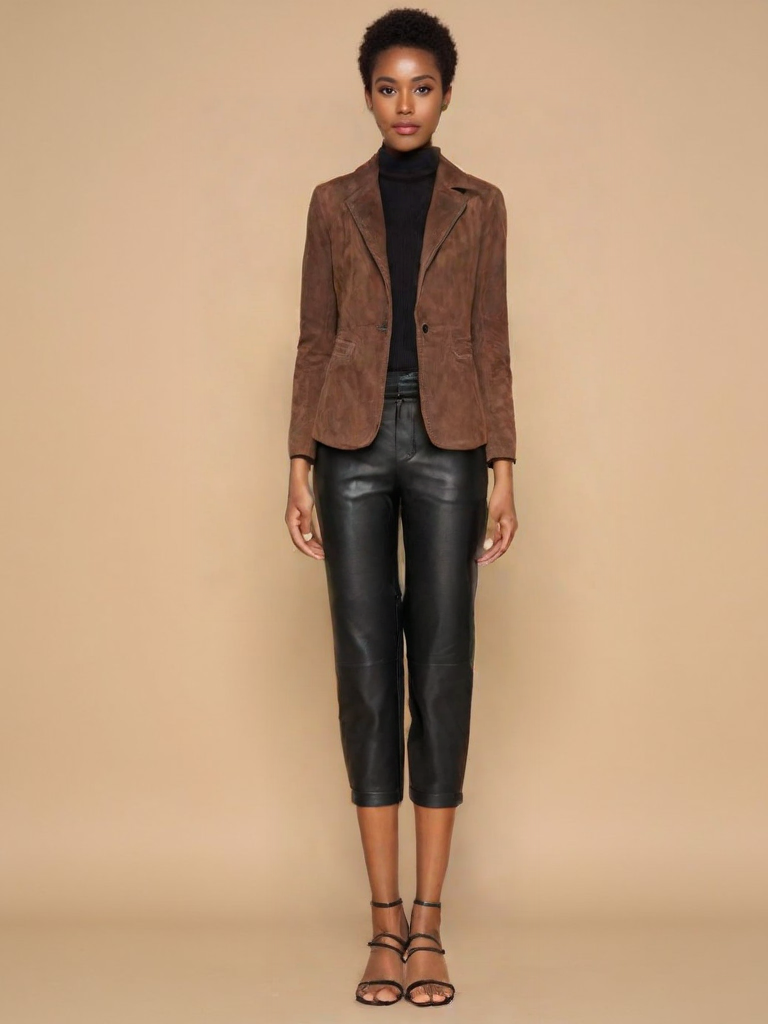 Dark brown goat leather coat with soft, durable material, two functional pockets, and versatile design for casual and formal wear