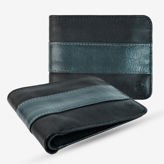 Black-blue bi-fold wallet made from genuine leather with two cash pockets and eight card slots—durable, classic, and designed for organized, easy access to essentials.
