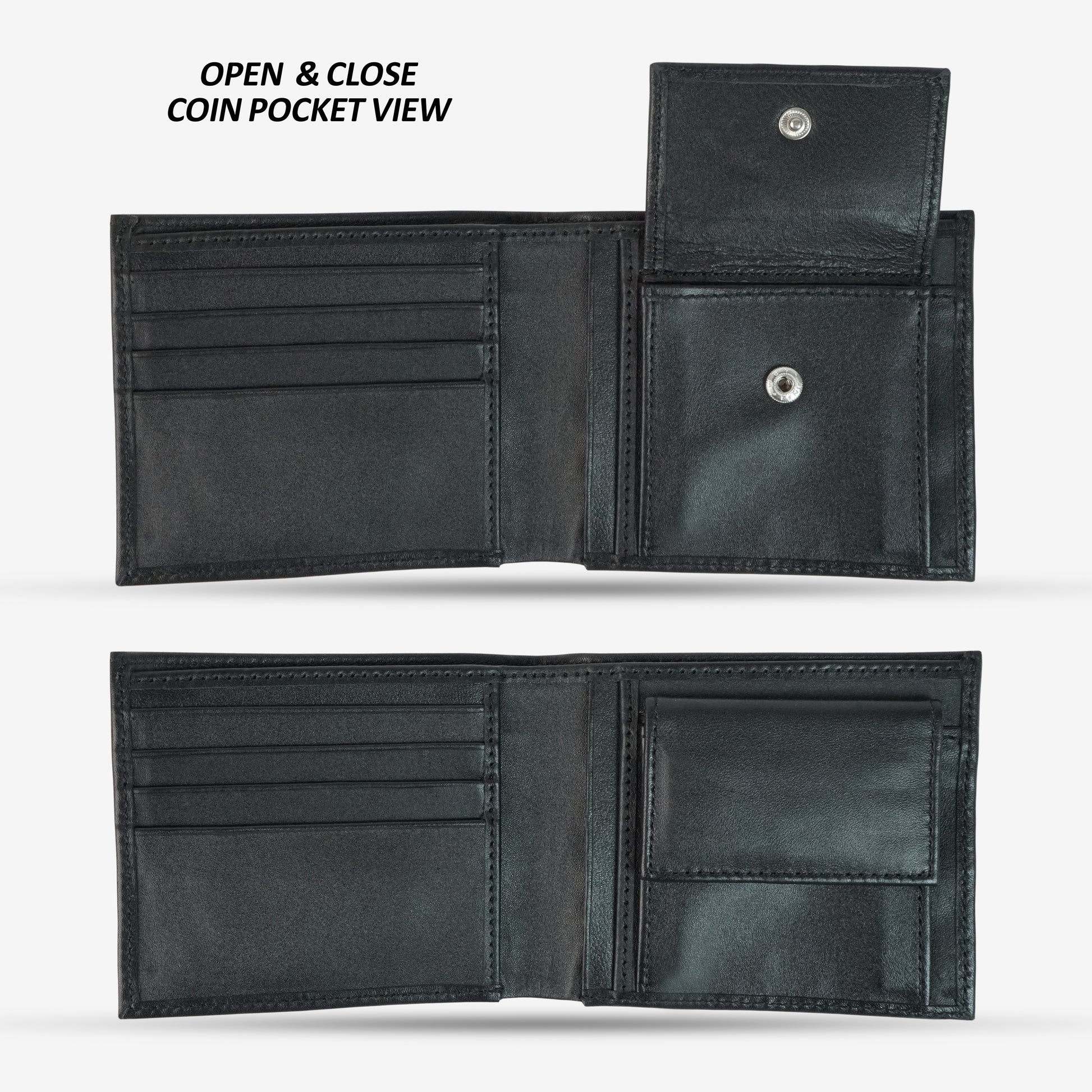 Classic black genuine leather wallet with multiple card slots, cash compartments, a coin pocket, and hidden cash storage for organized essentials