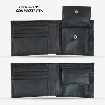 Classic black genuine leather wallet with multiple card slots, cash compartments, a coin pocket, and hidden cash storage for organized essentials