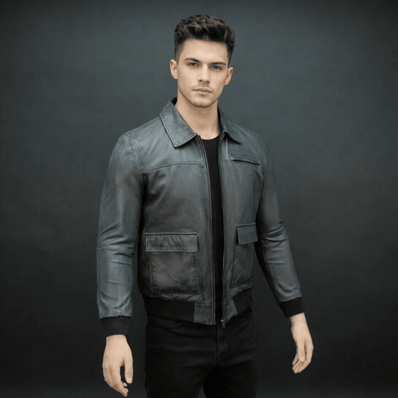 Men’s black leather jacket with zip closure, two side pockets, one left arm pocket, and one inside pocket, combining style and everyday functionality