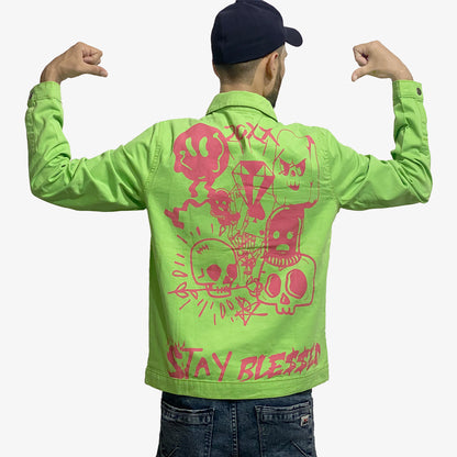 Men's Stay Blessed Back Printed Denim Button Jacket