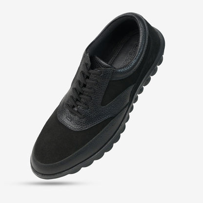 Black Cow Leather Suede shoes with soft sheep lining, Taxon insoles for support, and durable TPR sole for traction. Stylish and comfortable footwear by Desiderio