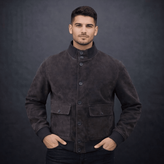 Desiderio men’s cow suede leather coat with imported buttons, single-breasted closure, mandarin collar, full sleeves, two hand pockets, and two inside pockets, handcrafted for elegant winter wear