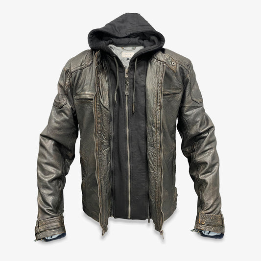 Hooded Real Leather Rubbed Finish Duel Layer Jacket