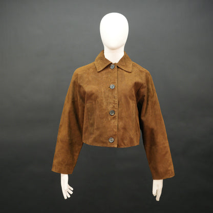 Brown suede leather jacket with button closure, slim fit, side pockets, and soft premium suede finish