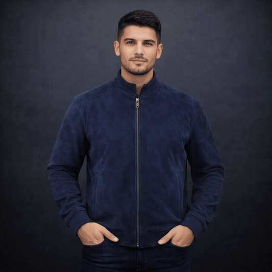 Desiderio men’s cow leather jacket with imported zipper, polyester lining, two hand pockets, two inside pockets, full sleeves, and a plain design, handcrafted for winter style and comfort