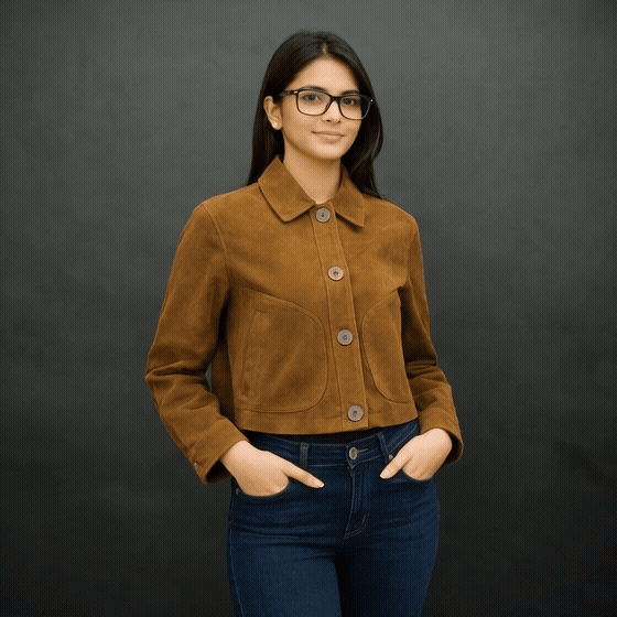 Marigold men’s mustard brown suede leather jacket with button closure, front side pockets, and a tailored fit, combining style and functionality