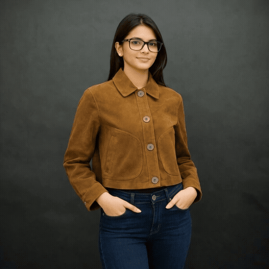 Marigold men’s mustard brown suede leather jacket with button closure, front side pockets, and a tailored fit, combining style and functionality