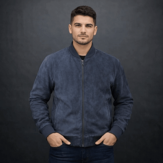 Desiderio men’s premium cow suede leather coat with collar rib, imported zipper, two hand pockets, two inside pockets, and handcrafted detailing, designed for winter comfort and style