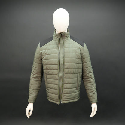 Olive sleeveless puffer vest with zip, side and inside pockets, lightweight for layering