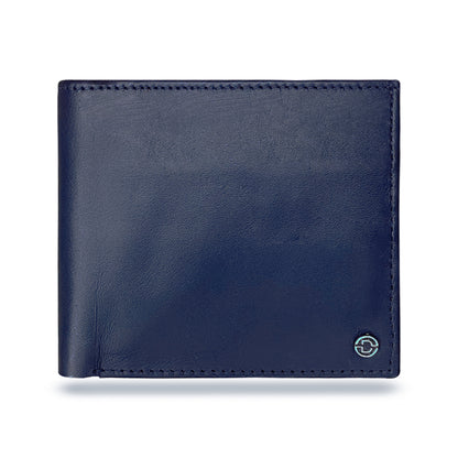 Elegant blue genuine leather wallet featuring card slots, spacious cash compartments, a coin pocket, and hidden cash storage for practical use