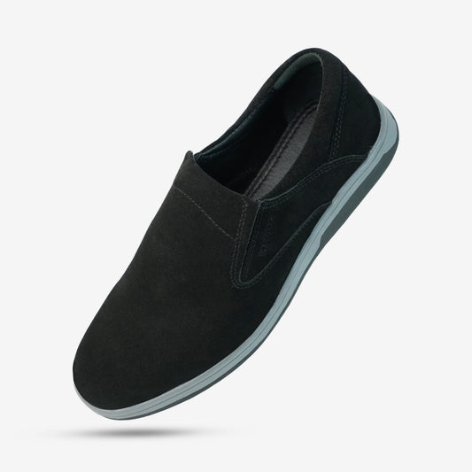 Black cow leather suede loafer with slip-resistant rubber sole, designed for comfort, durability, and versatile everyday wear