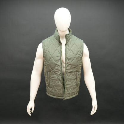 Green sleeveless puffer vest with zip, side and inside pockets, lightweight for layering