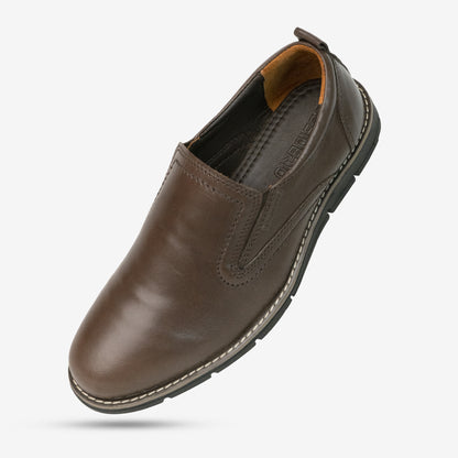 Brown genuine cow leather pull-up loafer with soft sheep lining, Texon insole, and lightweight EVA sole