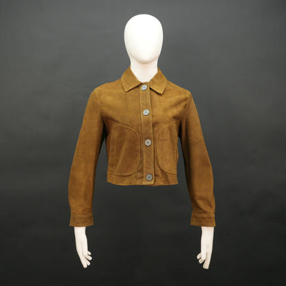 Mustard Brown suede leather jacket with front side pockets and button closure