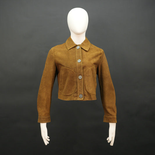Mustard Brown suede leather jacket with front side pockets and button closure