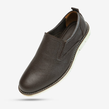 Brown genuine cow leather milled loafer featuring soft sheep lining, stable Texon insole, and flexible EVA sole for all-day comfort