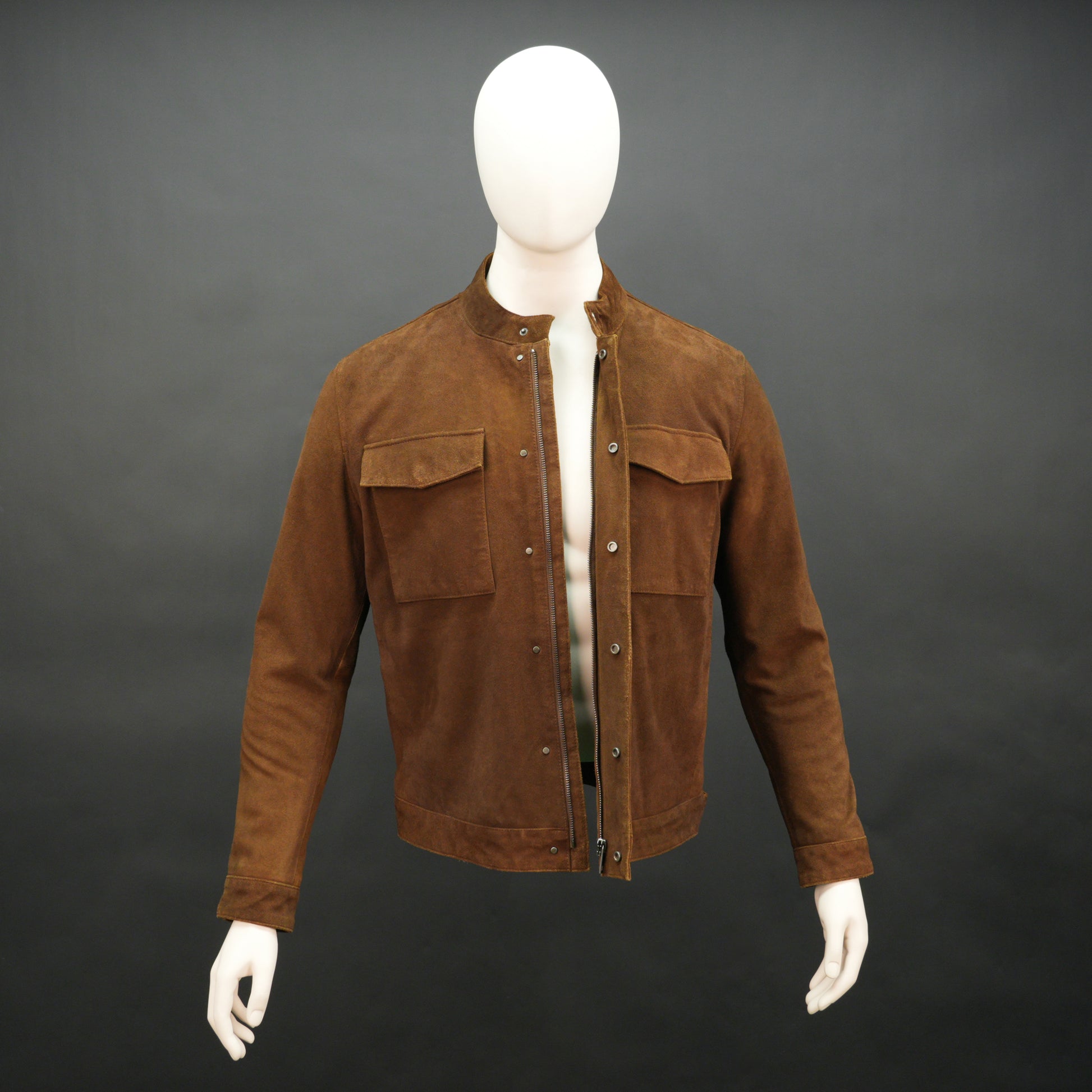Brown suede leather jacket with front pocket and unique button and zip opening