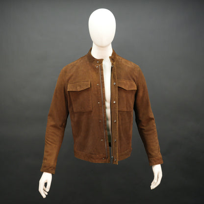 Brown suede leather jacket with front pocket and unique button and zip opening