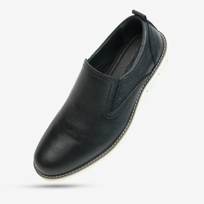 Black genuine cow leather milled loafer with soft sheep lining, Texon insole for stability, and lightweight EVA sole for flexible traction and comfort
