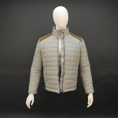 Grey full-sleeve two-tone puffer jacket with snap pockets, quilted insulation, inner compartments, and zip closure