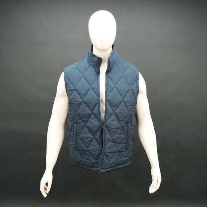 Navy sleeveless puffer vest with zip, side and inside pockets, lightweight for layering