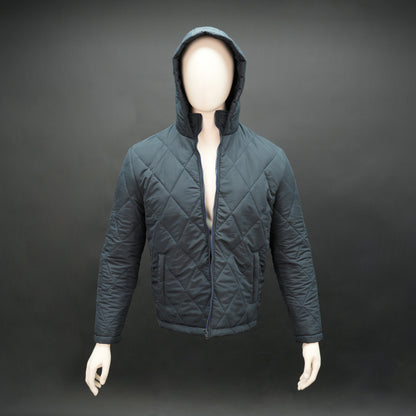 Navy full-sleeve puffer jacket with zip and hood, side and inner pockets, suitable for cold and windy weather