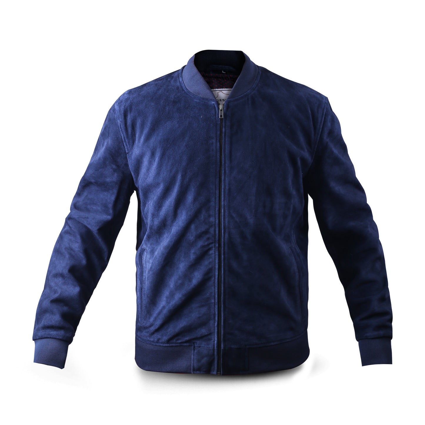 Cow Suede Leather Jacket with Chocolate, Navy & Charcoal Color Rib Collar & Bottom (Desi-Col)