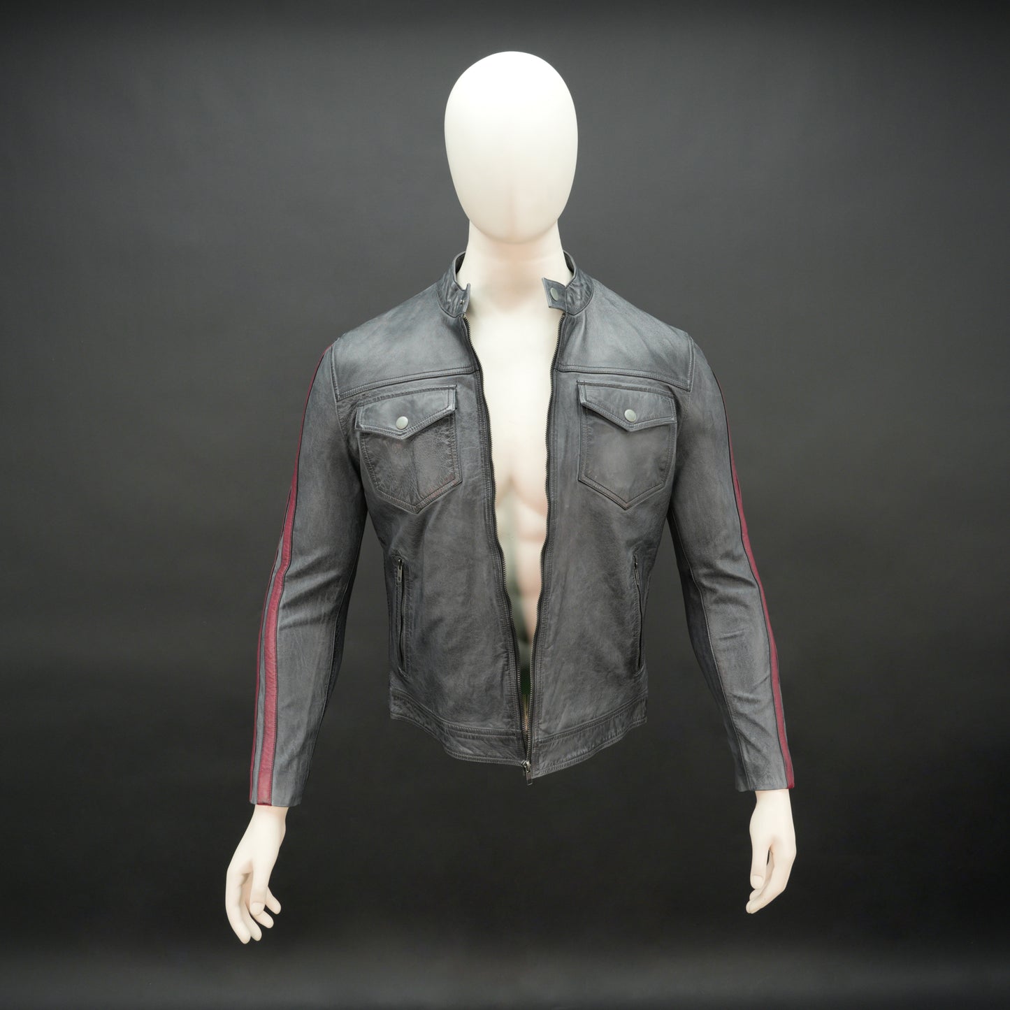 Black jacket 6010 with front zip closure, snap-button collar, multiple pockets, and red arm stripes, combining style and practicality for everyday wear