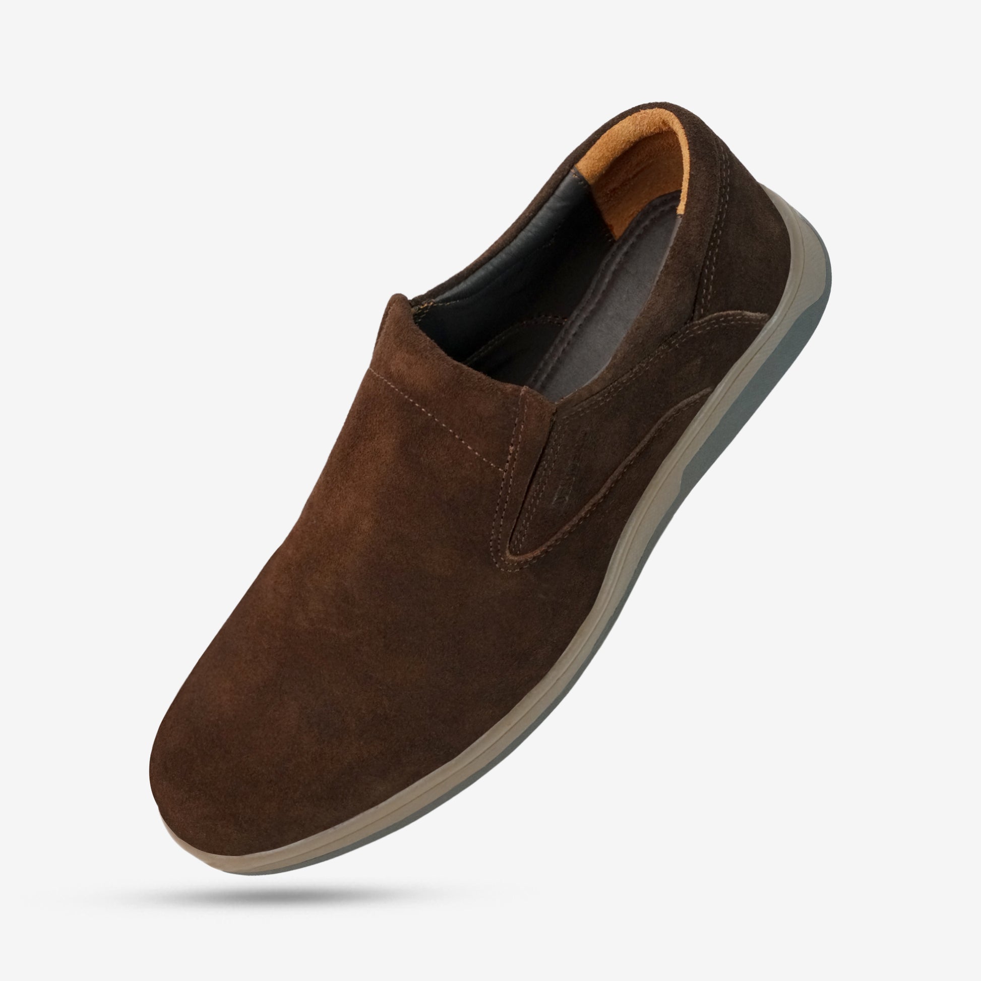 Brown cow leather suede loafer with slip-resistant rubber sole, designed for comfort, durability, and versatile everyday wear