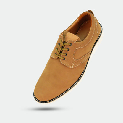 Footwear in Soya and Gray with genuine cow leather upper, soft sheep lining, Taxon insole for support, and lightweight EVA sole for flexibility and traction