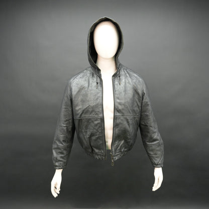 Black hoodie-style jacket made from genuine sheep leather (veg ranger), featuring a front zip closure, adjustable hood, two side pockets, and one inside pocket
