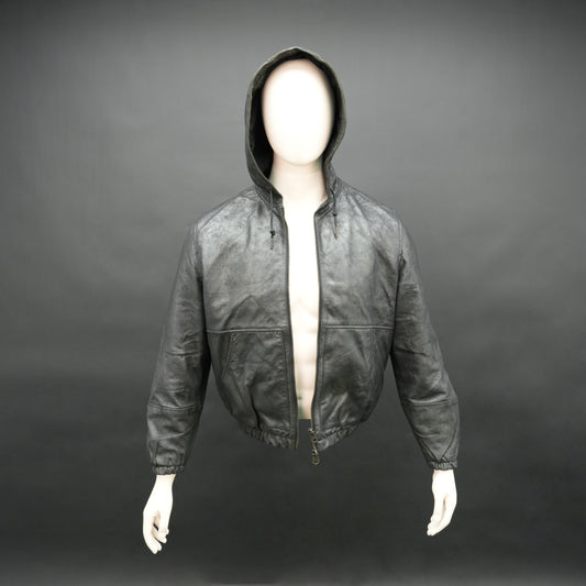 Black hoodie-style jacket made from genuine sheep leather (veg ranger), featuring a front zip closure, adjustable hood, two side pockets, and one inside pocket