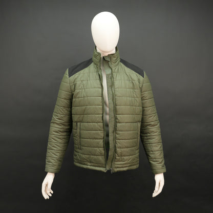 Green full-sleeve two-tone puffer jacket with snap pockets, quilted insulation, inner compartments, and zip closure