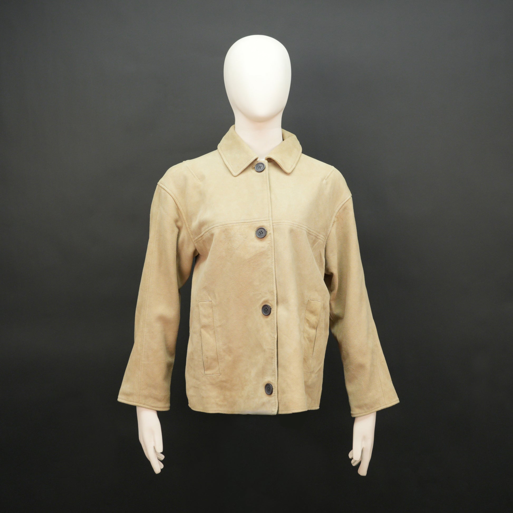 Beige suede leather jacket with tailored fit, elegant button opening, and front side pockets