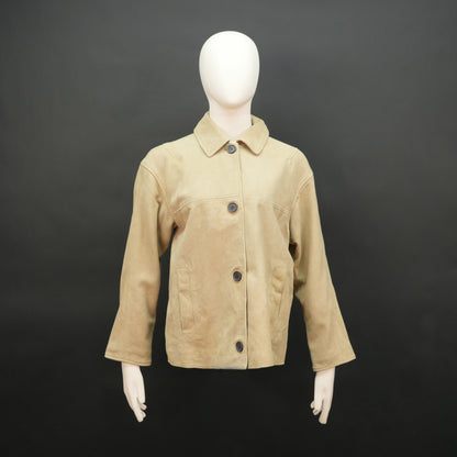 Beige suede leather jacket with tailored fit, elegant button opening, and front side pockets