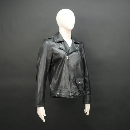Black sheep leather jacket with adjustable waist belt, two front side pockets, one inside pocket, and zip flap closure