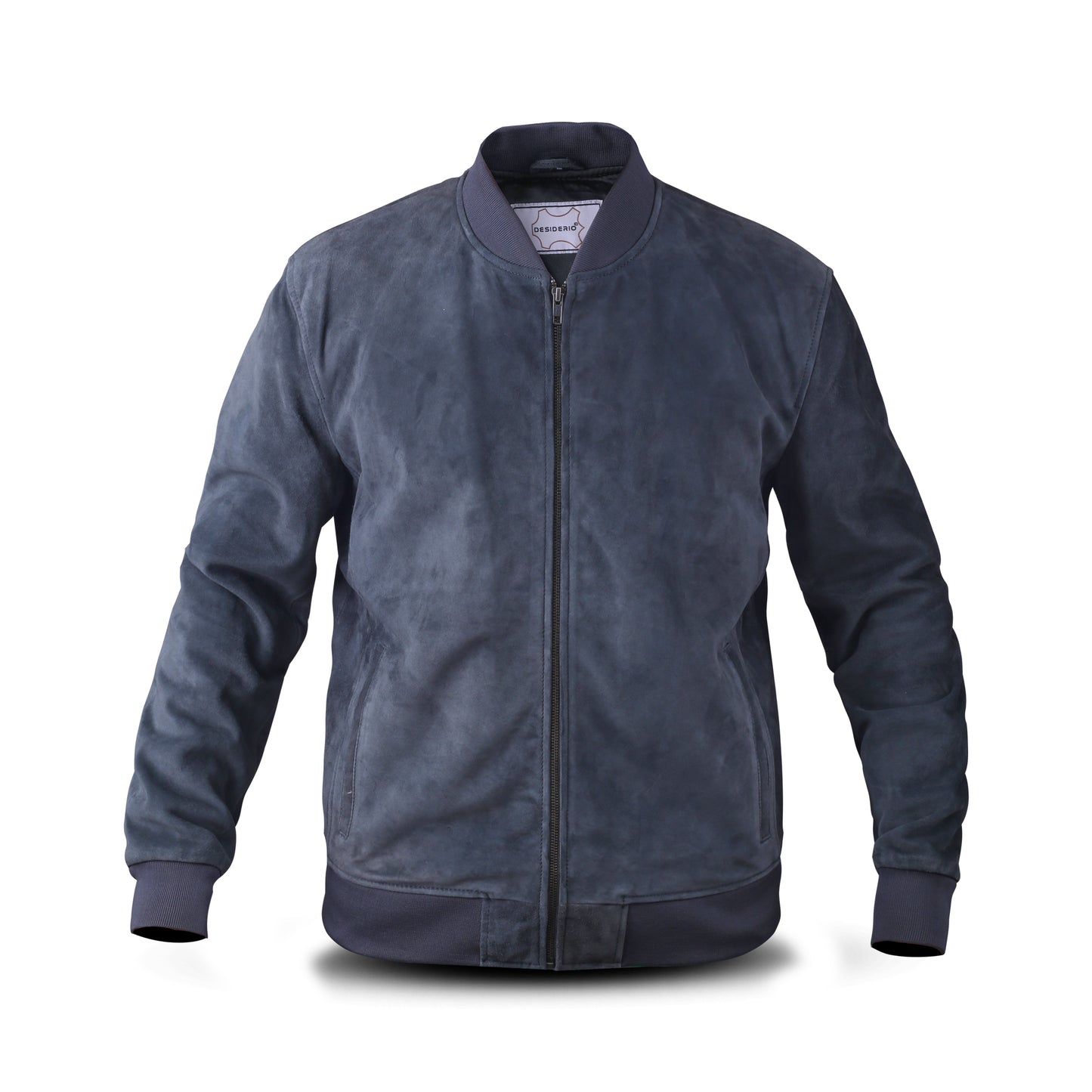 Cow Suede Leather Jacket with Chocolate, Navy & Charcoal Color Rib Collar & Bottom (Desi-Col)